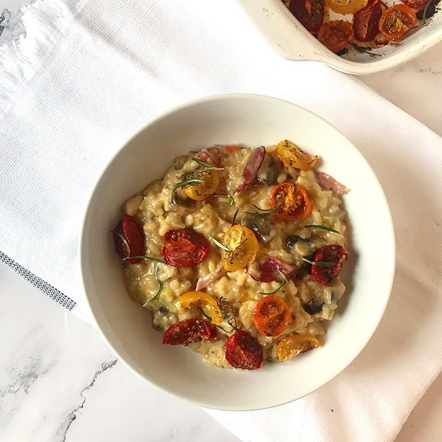 Roasted cherry tomato, cured ham, and mushroom risotto